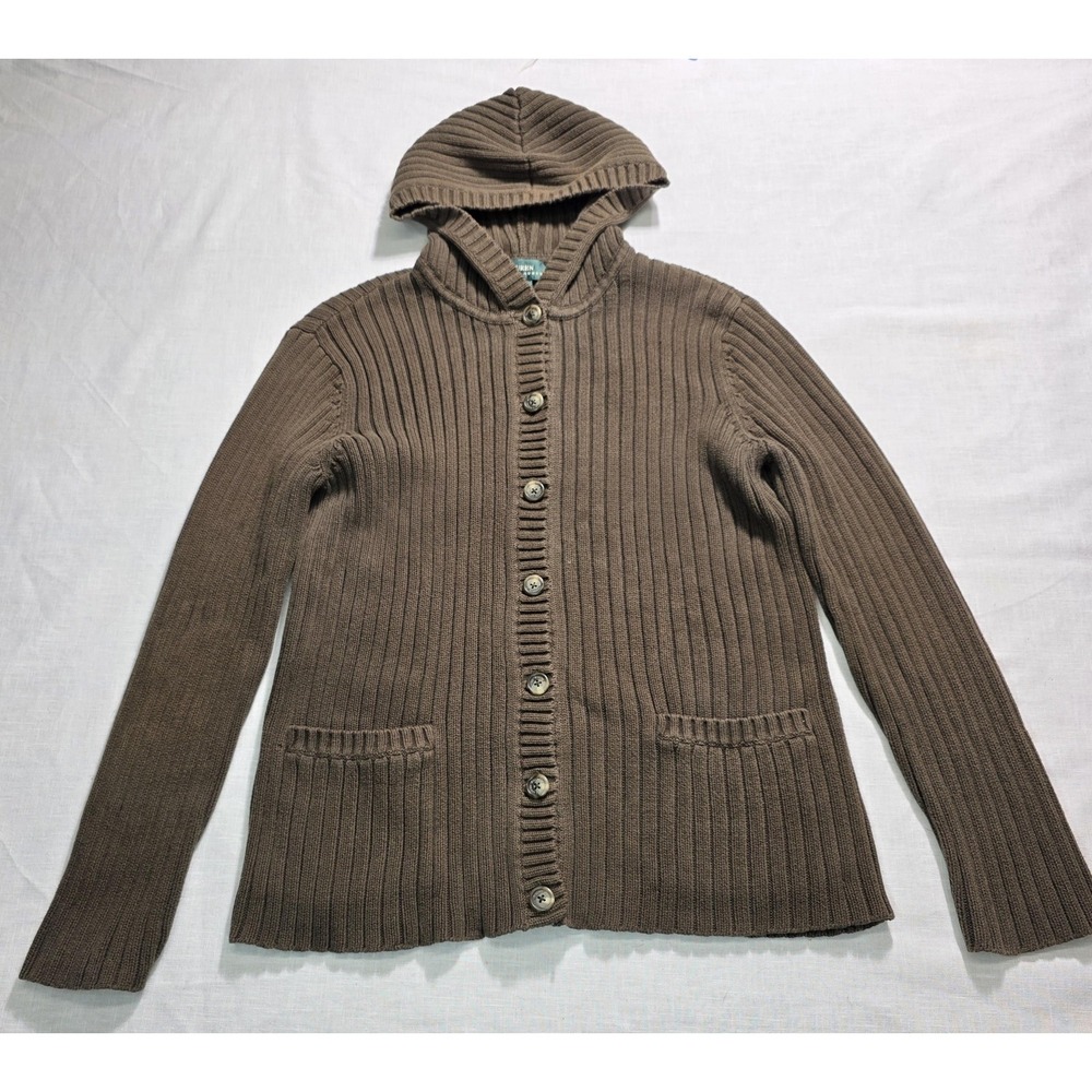 Vtg 90s Lauren Ralph Lauren‎ Hooded Cardigan Sweater Womens Large Brown Ribbed